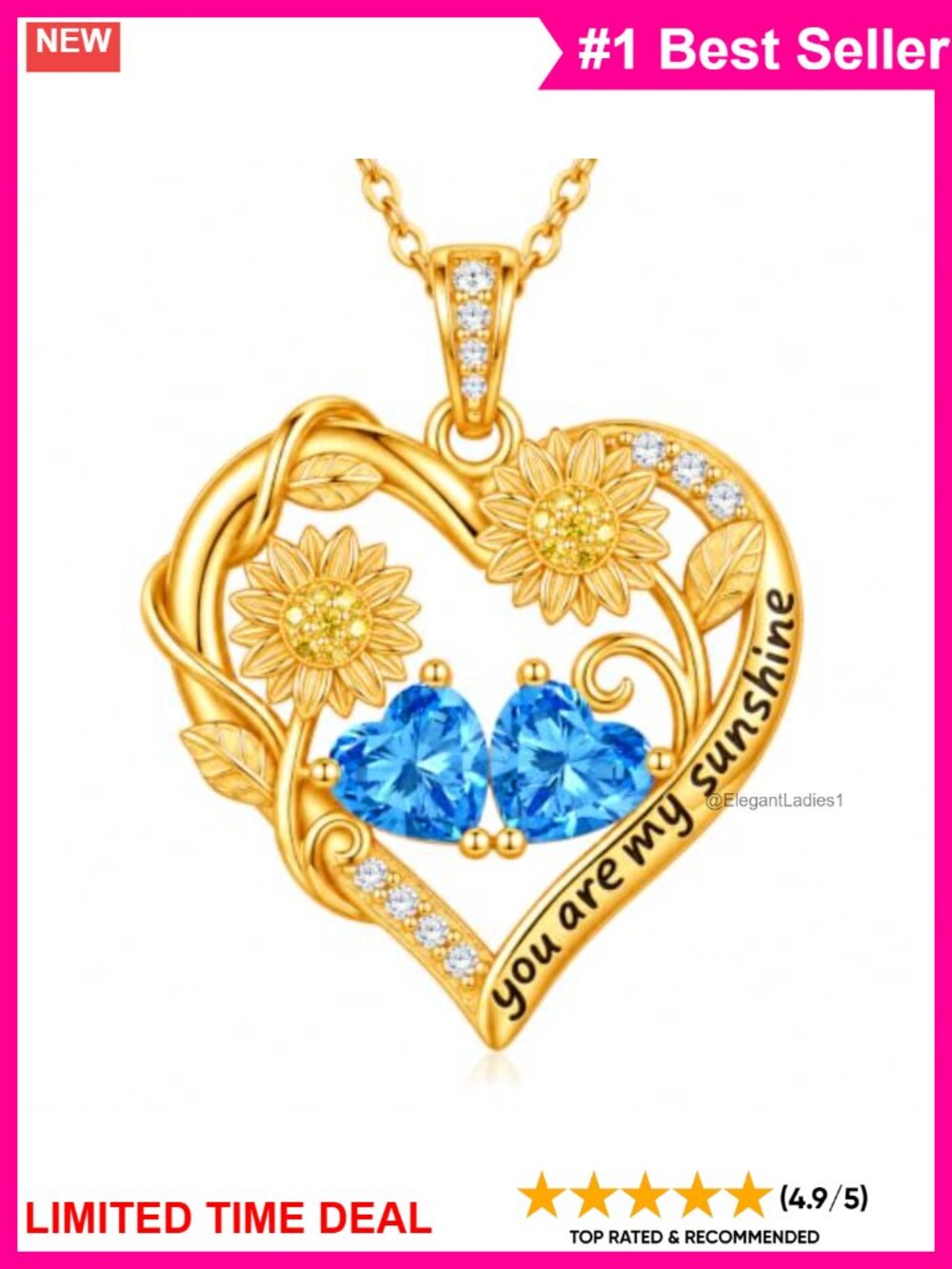 14k Gold Plated Sunflower Heart Necklace Birthstone Pendant